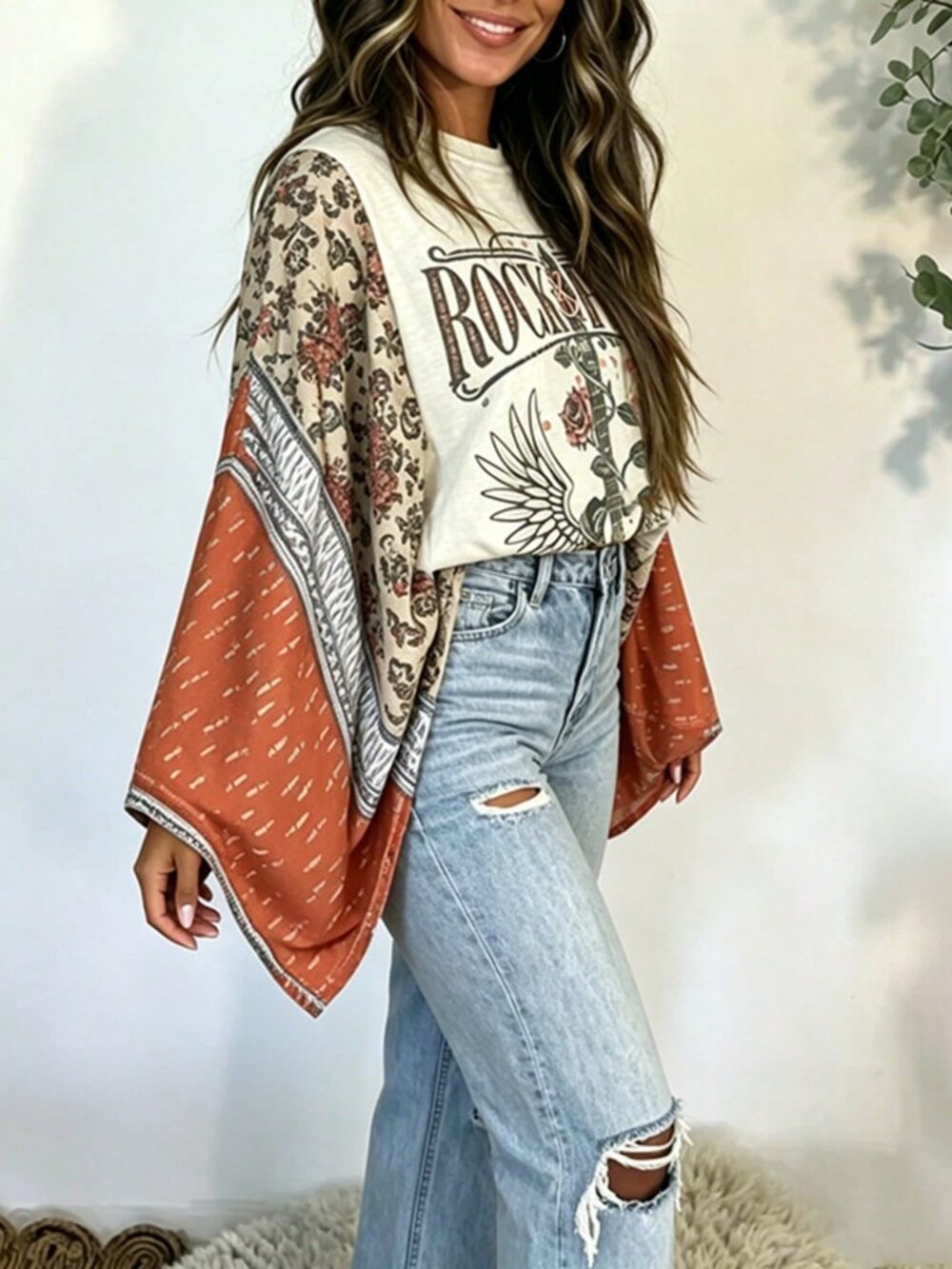 Orange Casual Women's Loose Fit Batwing Sleeve Round Neck Graphic Printed Top - Picture 3 of 6